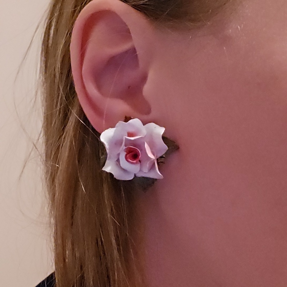 Vintage Rosette Clip Pink and Red Rose Earrings, Garden Party, Hamptons Chic